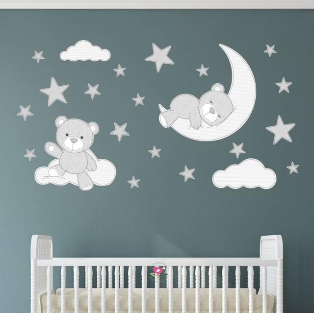 Teddy Bear Nursery Wall Decals Stars, Moon, Clouds Fabric Stickers - image 1
