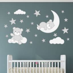 Teddy Bear Nursery Wall Decals Stars, Moon, Clouds Fabric Stickers - thumbnail 1
