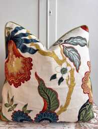 Schumacher Luxury Designer Hothouse Flowers Spark Orange Green Blue Cream Cushion Pillow Cover Piping - thumbnail 1