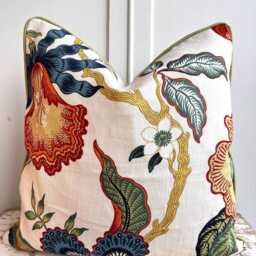 Schumacher Luxury Designer Hothouse Flowers Spark Orange Green Blue Cream Cushion Pillow Cover Piping - thumbnail 2
