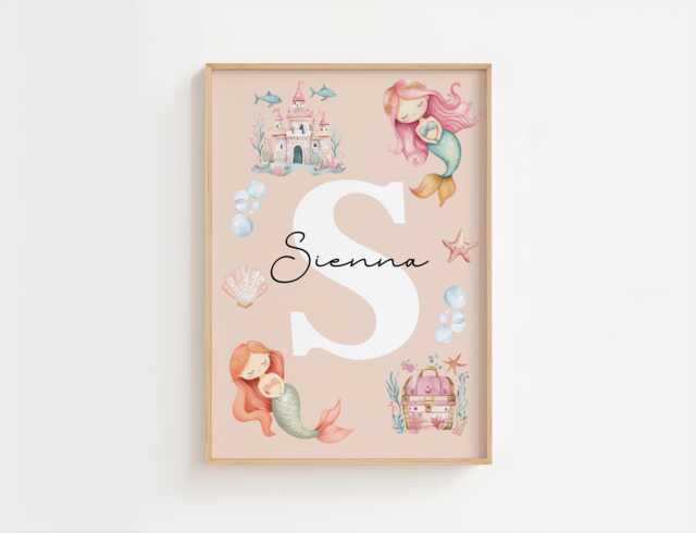 Girls Bedroom Print, Mermaid Prints, Baby Girl Nursery, Personalised Name Pink Wall Art, Ocean, New Gift, Playroom Decor - image 1