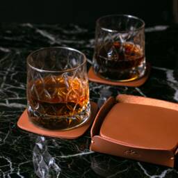 Full-Grain Leather Coaster Set With Valet Tray, Housewarming Gift
