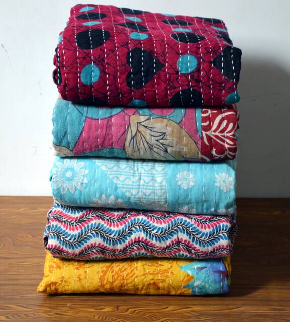 Handmade Patchwork Quilts Bengali Kantha Quilt Wholesale 5 Pcs Lot Tribal Cotton Bed Cover Reversible Bedspread Old Sari - image 1