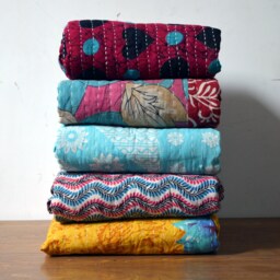 Handmade Patchwork Quilts Bengali Kantha Quilt Wholesale 5 Pcs Lot Tribal Cotton Bed Cover Reversible Bedspread Old Sari - thumbnail 2