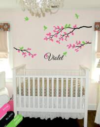 Personalized Nursery Wall Decal Branch With Birds & Leaves - Baby Room Decoration 041 - thumbnail 1