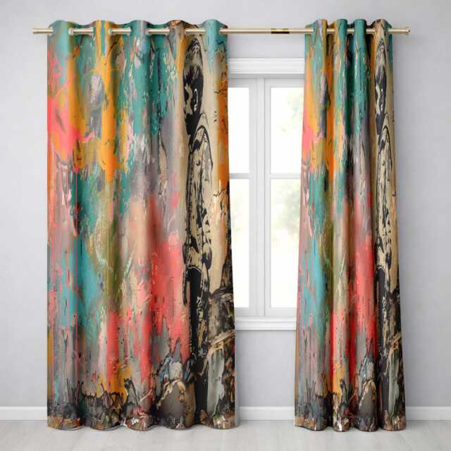 Thoughtful Boy Against Colourful Abstract Graffiti Decorative Wall Art Home Decor Readymade Eyelet Ring Top Thermal 100% Blackout Curtains - image 1