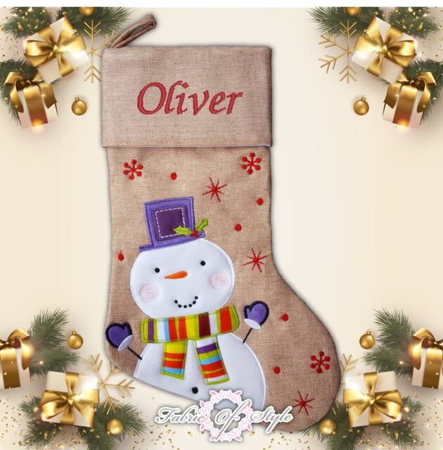Personalised Christmas Stocking Luxury Embroidered Xmas Stockings Girl Hessian Snowman Purple Hat - image 1