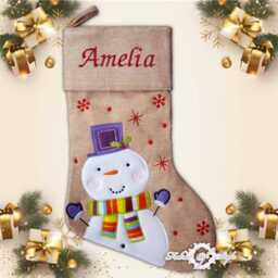Personalised Christmas Stocking Luxury Embroidered Xmas Stockings Girl Hessian Snowman Purple Hat - thumbnail 2