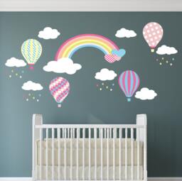 Rainbow Nursery Wall Decals Hot Air Balloons, Clouds, Raindrops - thumbnail 1