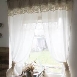 Curtain Side Scarf in Linen Look & Cotton Lace Beige Shabby Chic Vintage 70 cm Wide Height 160 - thumbnail 4