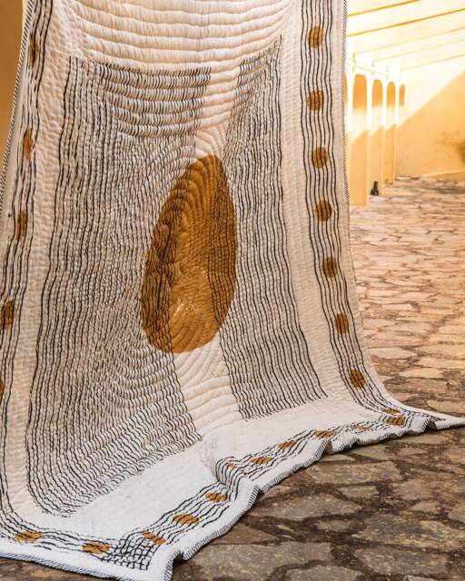 Moon Phase Kantha Quilt King/Queen Size Block Printed Cotton Bedspread - image 1