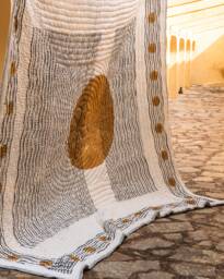 Moon Phase Kantha Quilt King/Queen Size Block Printed Cotton Bedspread - thumbnail 1