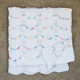 New Handmade White Knit Crochet Baby Afghan Blanket Throw Newborn Infant Wave Trim - thumbnail 3