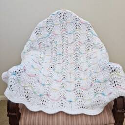 New Handmade White Knit Crochet Baby Afghan Blanket Throw Newborn Infant Wave Trim - thumbnail 2