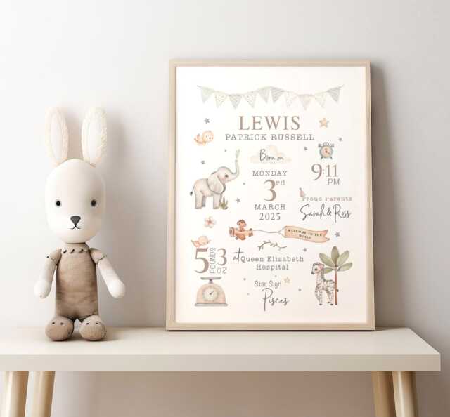 New Baby Personalised Print Birth Stat Details Keepsake Gift, Newborn Neutral Nursery Decor - image 1