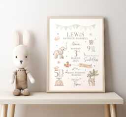 New Baby Personalised Print Birth Stat Details Keepsake Gift, Newborn Neutral Nursery Decor - thumbnail 1