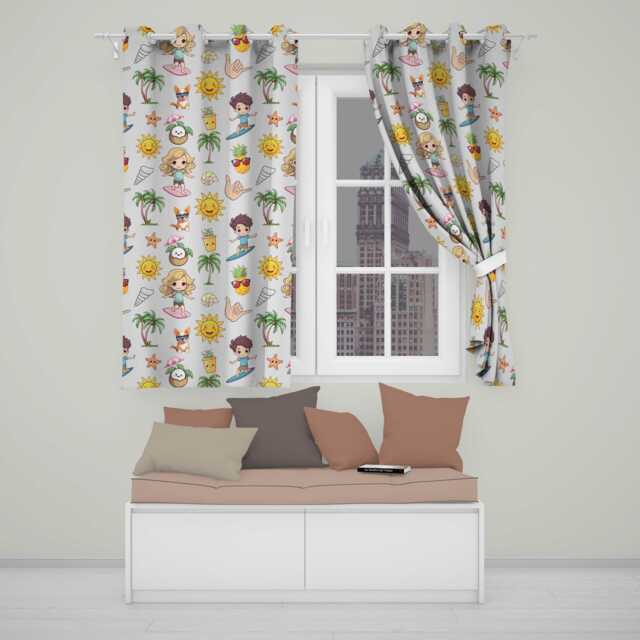 Cute Summer Beach Cartoon Kids Surf Pineapple Dog Seamless Pattern Readymade Eyelet Ring Top Thermal 100% Blackout Curtains - image 1