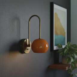 Mid Century Modern Orange Wall Sconce - Italian Brass Light - thumbnail 2