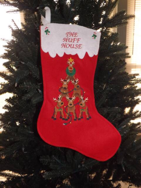 Personalized Christmas Stocking, Custom Reindeer New Home Housewarming Gift, Hostess Embroidered Stocking - image 1