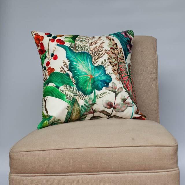 Supersoft Heavyweight Velvet Cushion. Large Scale Exotic Jungle Leaves Pattern. White & Tropical Teal Blue & Green. 17x17 - image 1