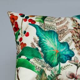 Supersoft Heavyweight Velvet Cushion. Large Scale Exotic Jungle Leaves Pattern. White & Tropical Teal Blue & Green. 17x17 - thumbnail 2