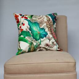 Supersoft Heavyweight Velvet Cushion. Large Scale Exotic Jungle Leaves Pattern. White & Tropical Teal Blue & Green. 17x17