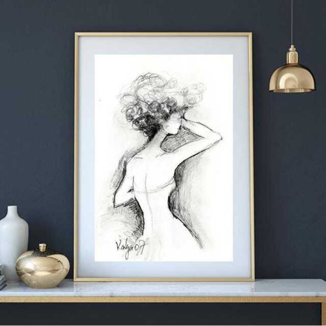 Wedding Dress Sketch Print Fashion Illustration, Curly Hair Bride, Woman Figure Drawing - image 1