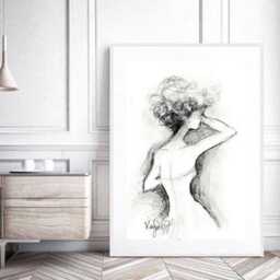 Wedding Dress Sketch Print Fashion Illustration, Curly Hair Bride, Woman Figure Drawing - thumbnail 2