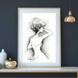 Wedding Dress Sketch Print Fashion Illustration, Curly Hair Bride, Woman Figure Drawing - thumbnail 1