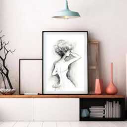 Wedding Dress Sketch Print Fashion Illustration, Curly Hair Bride, Woman Figure Drawing - thumbnail 3