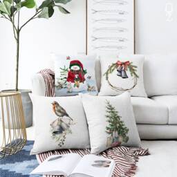 Christmas Cushion Covers With Snowman, Robin, Tree & Bells Designs, Double Sided On The Chenille Different Sizes, Oeko-Tex - thumbnail 1