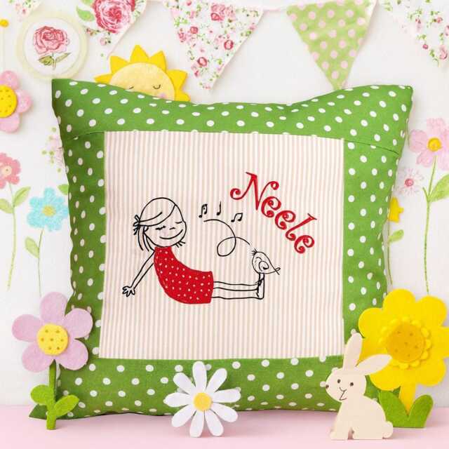 Embroidered Cushion Girl With Bird + Name //Green - Natural// 40x40 Cushion Cover Gift Cuddly Snuggle Name - image 1