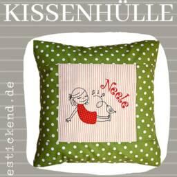 Embroidered Cushion Girl With Bird + Name //Green - Natural// 40x40 Cushion Cover Gift Cuddly Snuggle Name - thumbnail 4