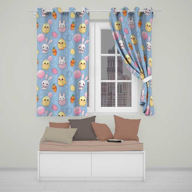 Cute Easter Bunny Chick Carrot Egg Blue Polka Dot Seamless Pattern Readymade Eyelet Ring Top Thermal 100% Blackout Curtains - image 1