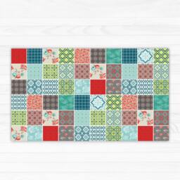 Carpet With Mixed Tile Pattern, PVC Mat in Green, Red, Yellow & Turquoise. Kitchen Mat, Doormat - Art Mat - thumbnail 1