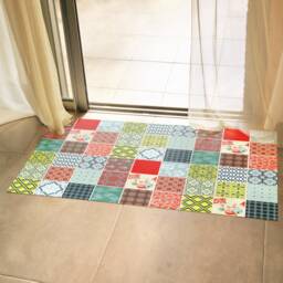 Carpet With Mixed Tile Pattern, PVC Mat in Green, Red, Yellow & Turquoise. Kitchen Mat, Doormat - Art Mat - thumbnail 3