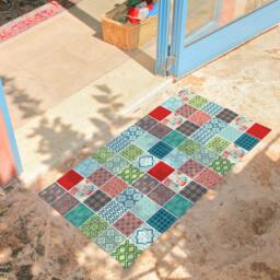 Carpet With Mixed Tile Pattern, PVC Mat in Green, Red, Yellow & Turquoise. Kitchen Mat, Doormat - Art Mat - thumbnail 2