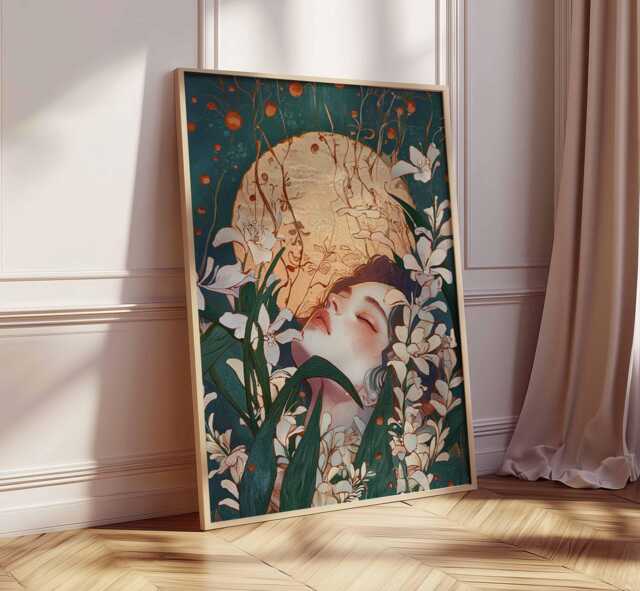 Dreamy Moon Goddess Art Print, Ethereal Floral Portrait Poster, Surreal Feminine Wall Art, Mystical Woman Illustration, Spiritual Decor - image 1
