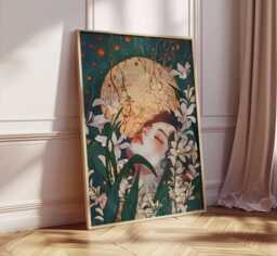 Dreamy Moon Goddess Art Print, Ethereal Floral Portrait Poster, Surreal Feminine Wall Art, Mystical Woman Illustration, Spiritual Decor - thumbnail 1