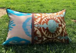 Uzbek Silk Ikat Pillow Cover - Ikat Velvet Pattern With Ribbon - thumbnail 1