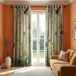 Forest Bird Curtains, Nature Drapes With Trees & Leaves, Botanical Woodland Design Custom Eyelet Or Rod Pocket Curtains