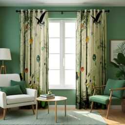 Forest Bird Curtains, Nature Drapes With Trees & Leaves, Botanical Woodland Design Custom Eyelet Or Rod Pocket Curtains - thumbnail 2