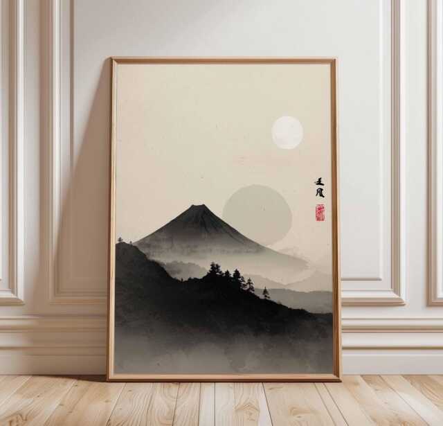 Mount Fuji Wall Art Print, Minimalist Japanese Landscape Poster, Zen Ink Wash Mountain Scene, Traditional Asian Decor, Unframed Artwork - image 1