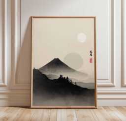 Mount Fuji Wall Art Print, Minimalist Japanese Landscape Poster, Zen Ink Wash Mountain Scene, Traditional Asian Decor, Unframed Artwork - thumbnail 1