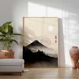 Mount Fuji Wall Art Print, Minimalist Japanese Landscape Poster, Zen Ink Wash Mountain Scene, Traditional Asian Decor, Unframed Artwork - thumbnail 3