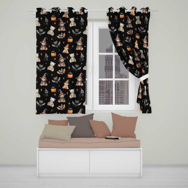 Halloween Teddy Bear Witch Cat Bat Pumpkin Seamless Pattern Black Readymade Eyelet Ring Top Thermal 100% Blackout Curtains - image 1