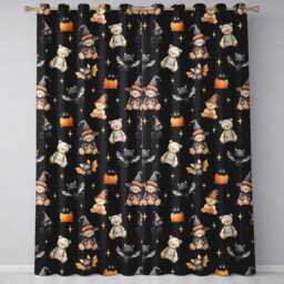 Halloween Teddy Bear Witch Cat Bat Pumpkin Seamless Pattern Black Readymade Eyelet Ring Top Thermal 100% Blackout Curtains - thumbnail 2