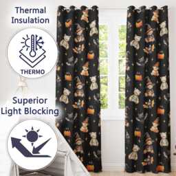 Halloween Teddy Bear Witch Cat Bat Pumpkin Seamless Pattern Black Readymade Eyelet Ring Top Thermal 100% Blackout Curtains - thumbnail 3