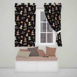 Halloween Teddy Bear Witch Cat Bat Pumpkin Seamless Pattern Black Readymade Eyelet Ring Top Thermal 100% Blackout Curtains - thumbnail 1