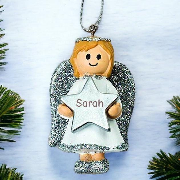 Personalised Cute Silver Girl Angel Christmas Tree Decoration With Name - Bauble Ornament - image 1